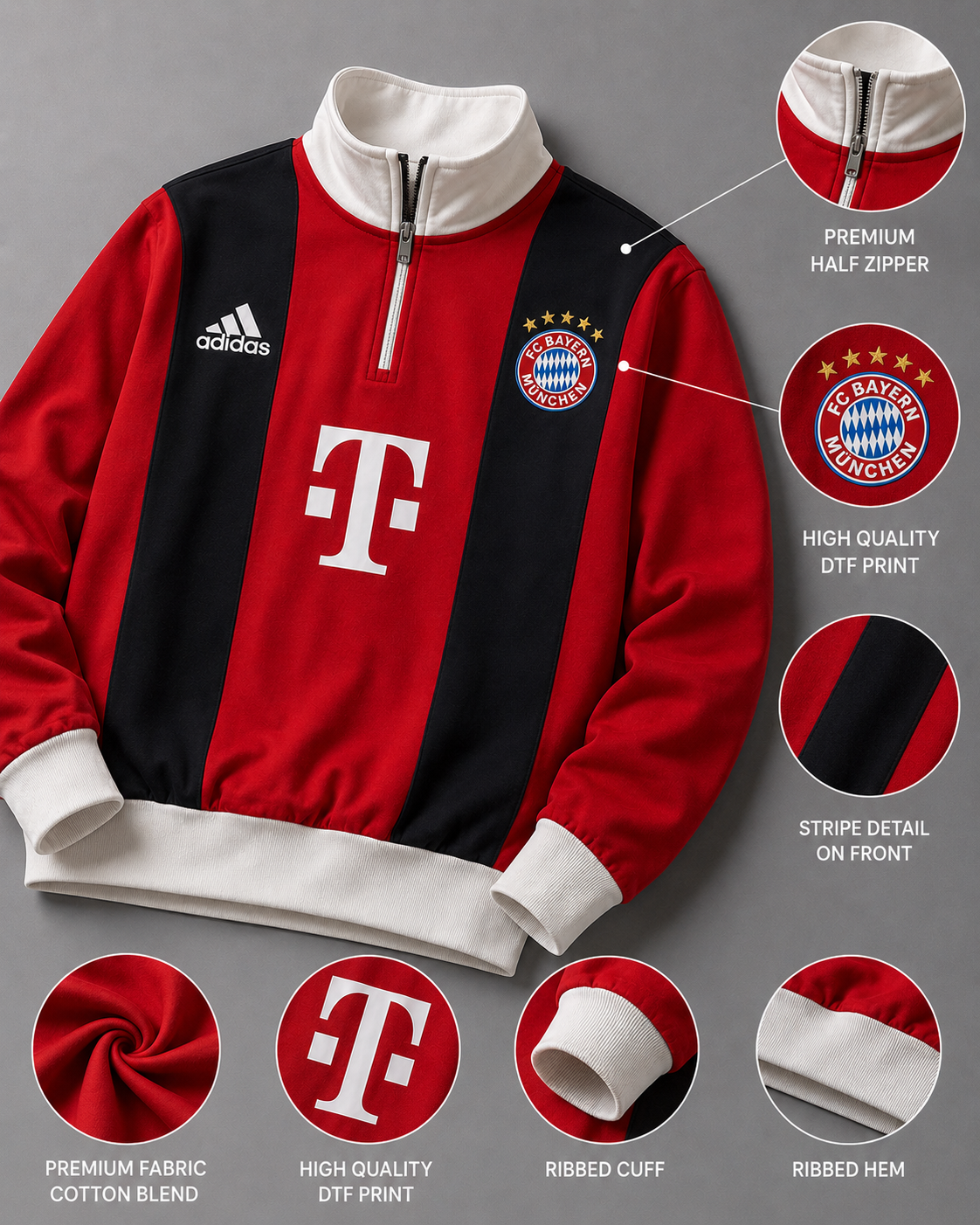 FORENZ – Bayern Red and Navy Blue Quarter Zip Sweatshirt | Premium Streetwear